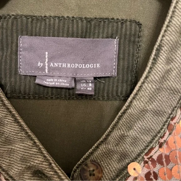 Anthropologie Olive Green and Bronze Sequin Button Down Shirt Size 8 - Picture 3 of 16